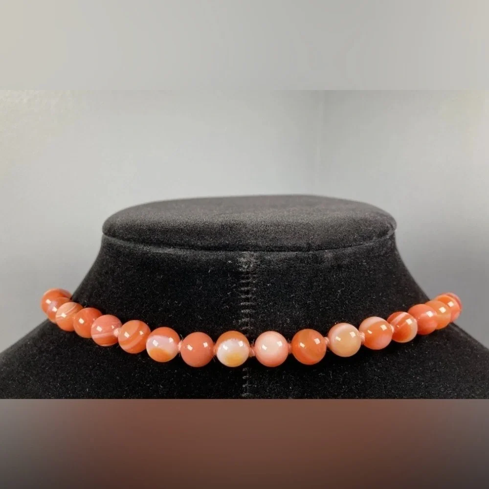 Coral Orange Stone Necklace Banded Agate Round Bead Hand Tied 30” Vintage